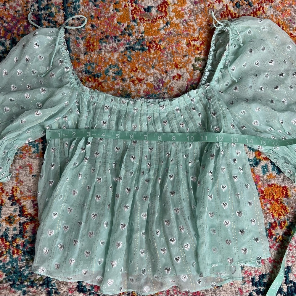 For Love & Lemons Mint Jana Blouse‎ Cropped Flowy Heart Print Tie Shoulders - Picture 12 of 13